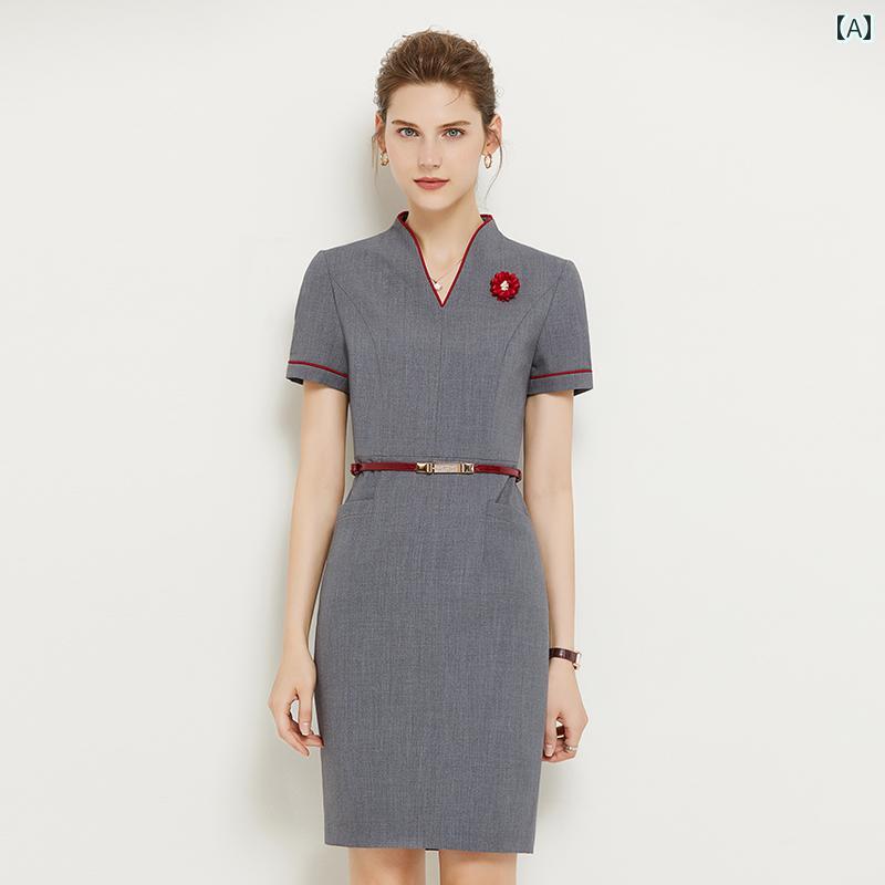 受付 制服 ワンピース レディース おしゃれ グレー お尻 ヒップカバー スカート 半袖 夏 豪華 営業｜フロントップ店