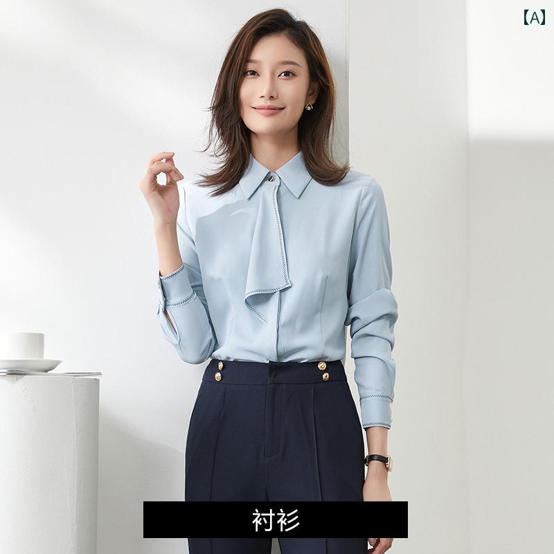 ホテル 制服 おしゃれ ブルー シャツ 女性 スーツ 長袖 ビジネス フォーマル フロント デスク サービス シャツ|フロントップ店