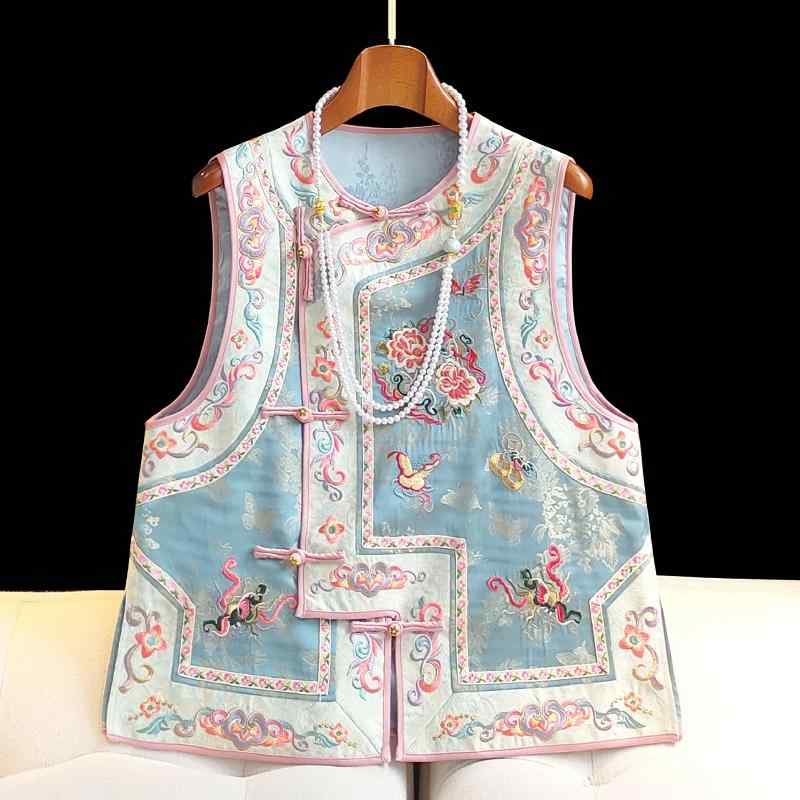 ベスト ジレ レディース 女性用 ブルー 新中国風 中華風 レトロ ヴィンテージ風 ジャガード織り 花柄 刺繍 チャイナボタン 組み紐ボタン トップス 羽織り ラウンドネック 丸首 レーヨン 秋冬