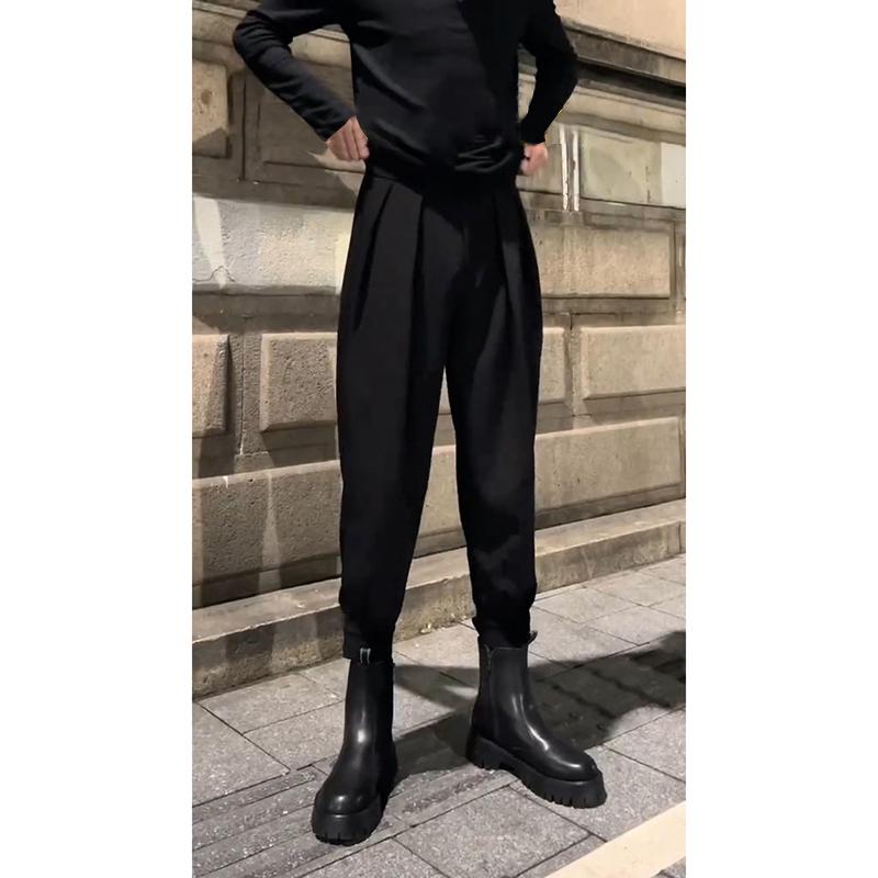 パンツ メンズ 男性用 ナポリ風 スラックス ドレープ感 英国風 ハーレムパンツ テーパード ジョガー ベルクロ 裾絞り ウエストゴム ミッドライズ シワ防止 ポリエステル 微ストレッチ ゆったり きれいめ カジュアル 春夏