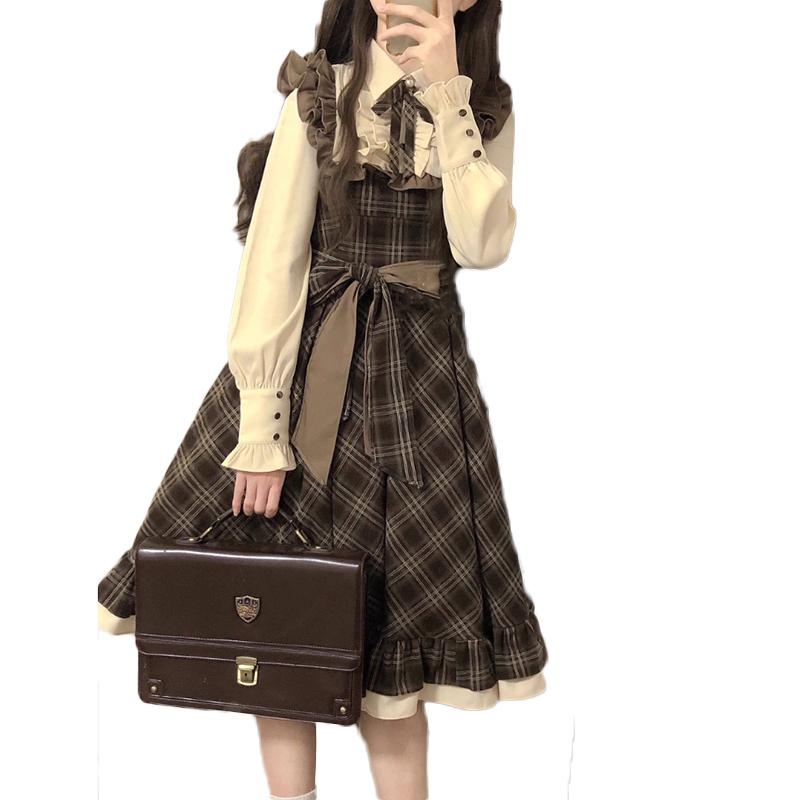 ワンピース 春 フェイクツーピース 長袖 ミディ丈 襟 ボタン フリル リボンベルト ハイウエスト Aライン かわいい ロリータ チェック柄｜フロントップ店