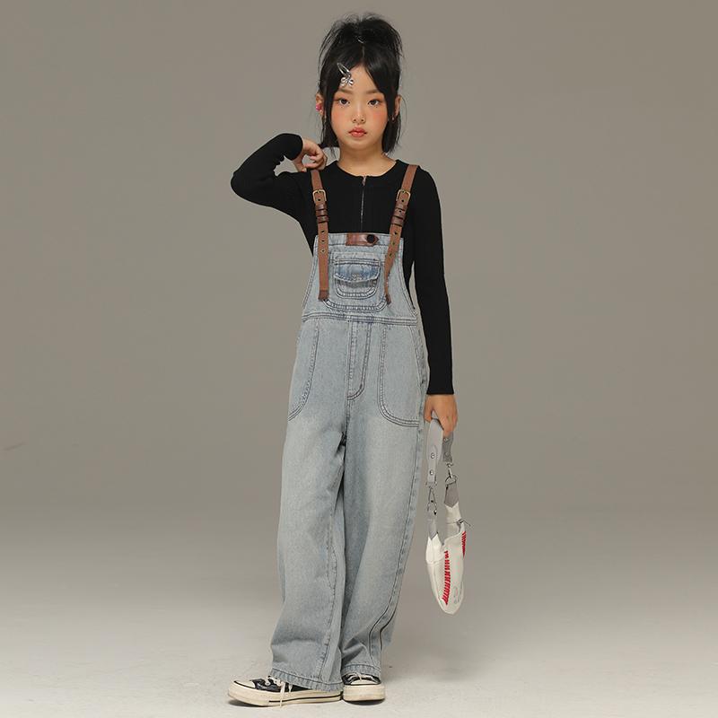 子供 サロペット オーバーオール 春秋 女の子 キッズ デニム 長ズボン ストレート ワイド パンツ ゆったり バイカラー シンプル カジュアル 無地 青｜フロントップ店