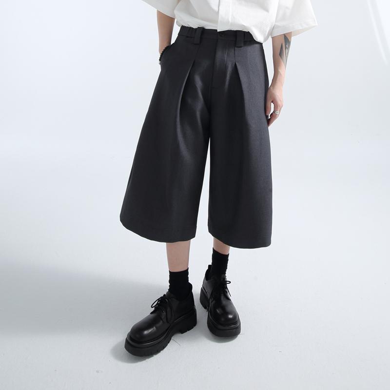 パンツ メンズ レディース ワイドパンツ スラックス ストレートシルエット 七分丈 ミッドライズ 厚手 立体裁断 ドレープ イージーケア ノンストレッチ レギュラーフィット ポリエステル レーヨン ポリウレタン 混紡 普段使い カジュアル 春夏 黒 灰色|フロントップ店