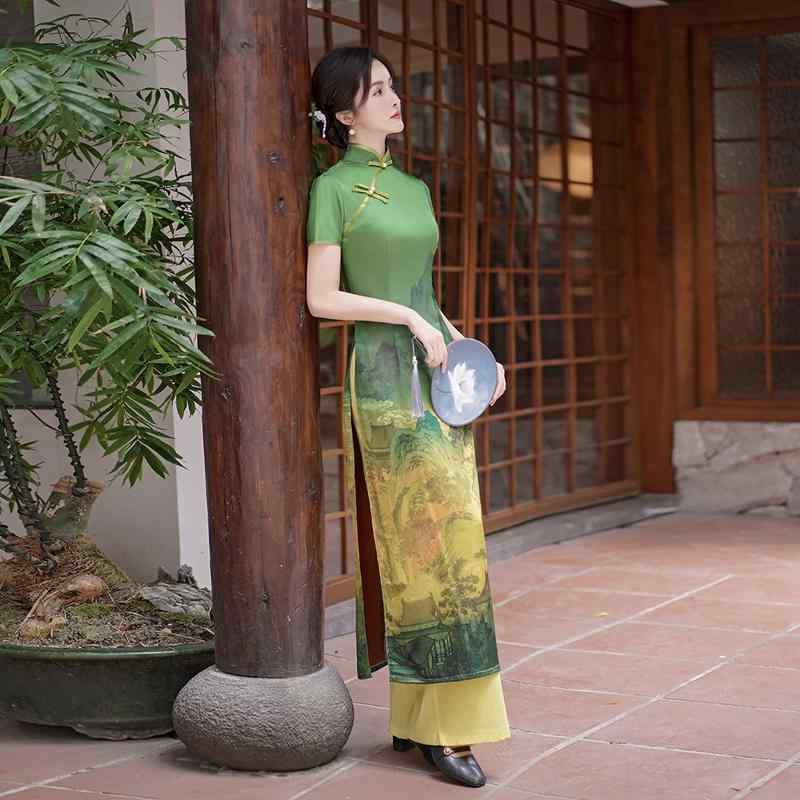 アオザイ ズボン下 瀬戸もの御召しもの セットアップ 馬鹿でかい大きさ 動作 社交ダンス御召しもの レディース レトロ ロング ご機嫌細長い切口 柄 エスニック 黄緑