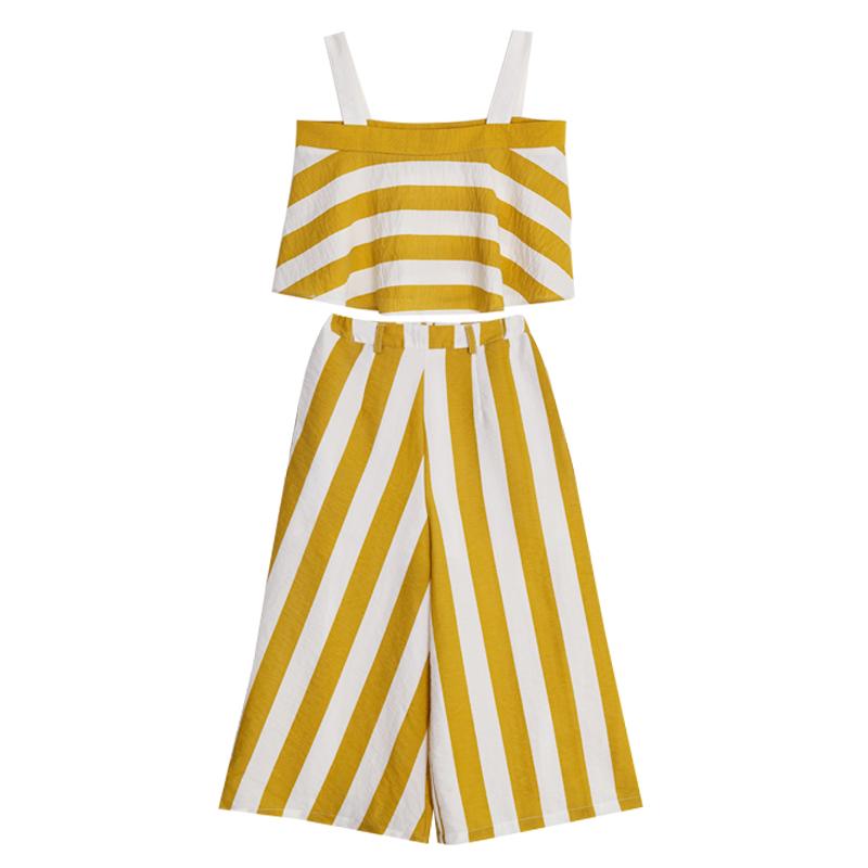 セットアップ レディース 夏 ストライプ バックファスナー ワイドパンツ ハイウエスト ポケット 柔らかい 通気性 小さいサイズ カジュアル 黄