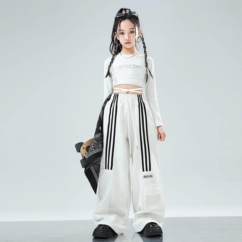 ダンス キッズ 衣装 セットアップ 女の子 ジュニア ガールズ ヒップホップ ジャズ ストリート パフォーマンス 舞台 お揃い おしゃれ へそ出し 白 ストライプ