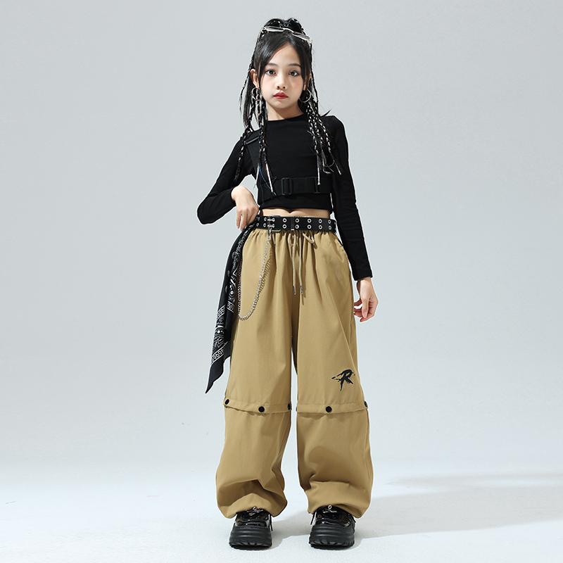 ダンス キッズ 衣装 セットアップ 子供 女の子 ガールズ お揃い ジャズ ヒップホップ ストリート パフォーマンス 舞台 パンツ スカーフ ベルト 茶 黒