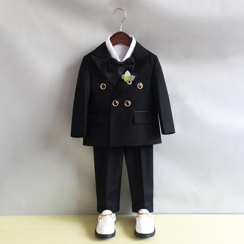 スーツ 男の子 ベビー キッズ 子供用 セットアップ フォーマル 礼服 英国風 結婚式 発表会 七五三 ブラック 黒 コットン ポリエステル 混紡 素材 ダブルボタン 柔らかい 無地 長袖 ジャケット パンツ シャツ スリム