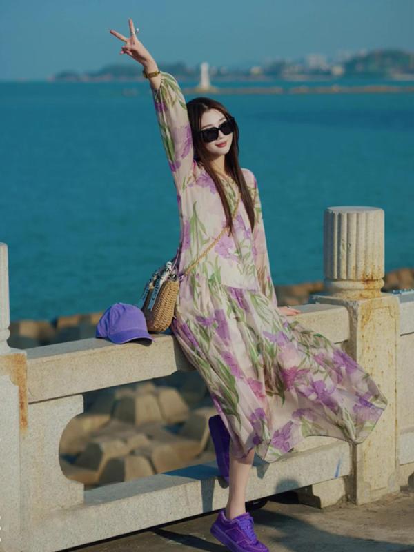 ワンピース 春 花柄 レディース 婦人服 Vネック 長袖 ショッピング 旅行 リゾート カジュアル おしゃれ ロング丈 総柄 ゆったり 紫｜フロントップ店