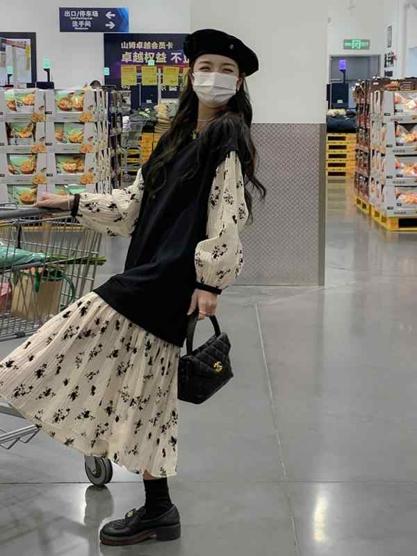 ワンピース 春 花柄 レディース フェイクツーピース ラウンドネック ハイウエスト プルオーバー Aラインスカート 長袖 ロング 黒 おしゃれ|フロントップ店