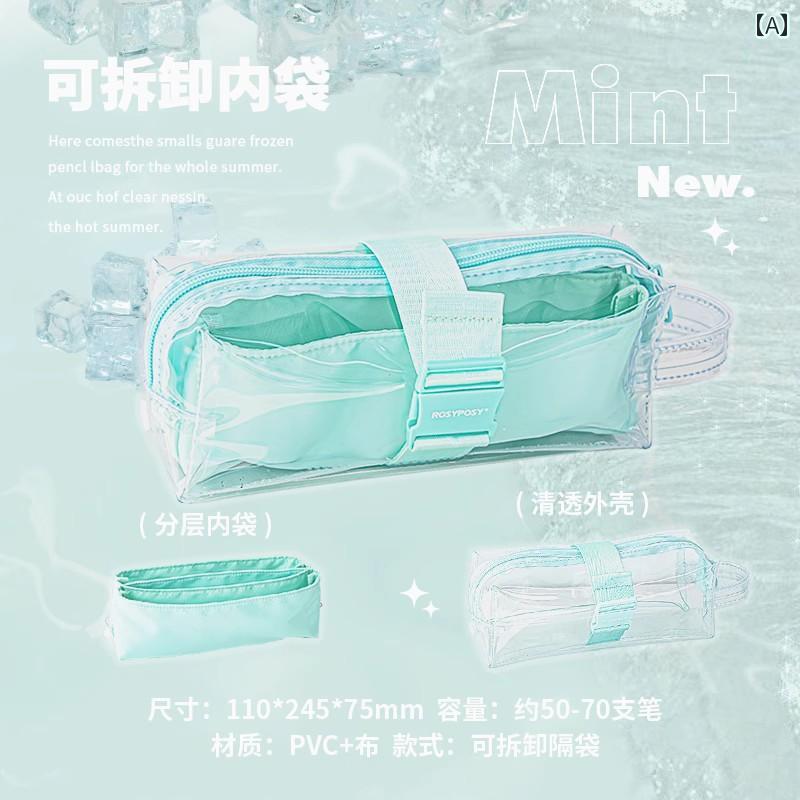 ペンケース 大容量 透明 学生 女子 PVC 布 ファスナー ベルト バックル 持ち手 インナーバッグ ポケット シンプル おしゃれ 緑 グレー 紫 プレゼント 誕生日