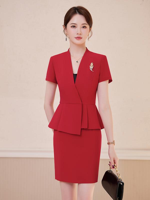 セットアップ レディース 春夏 半袖 テーラードジャケット Vネック スカート パンツ スーツ 事務服 通勤 ビジネス フォーマル きれいめ エレガント 高級感 ポリエステル 通気性 伸縮性 レッド ブラック ブルー