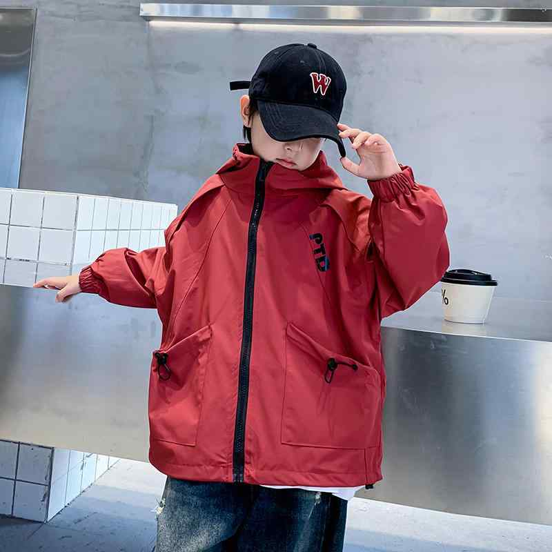 ウインドブレーカー キッズ 上着 アウター おしゃれ 春秋 ファッション アイテム 韓国 フード ジップアップ 防寒 暖かい 裏地 レッド ブラック|フロントップ店