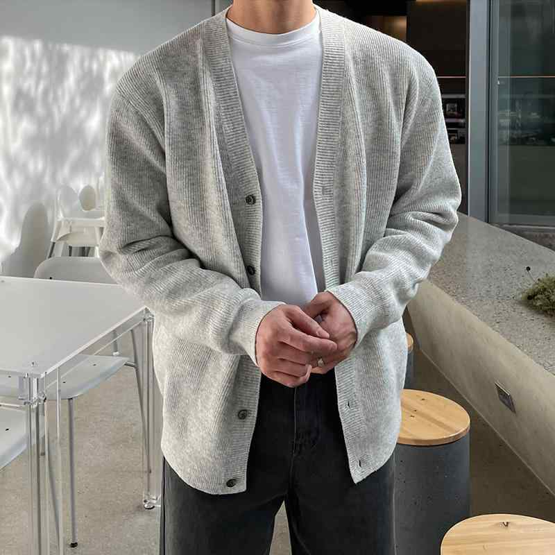 カーディガン メンズ 薄手 春秋 Vネック 韓国 カジュアル ゆったり 着やすい ボタン レギュラースリーブ 長袖 シンプル おしゃれ 無地 グレー