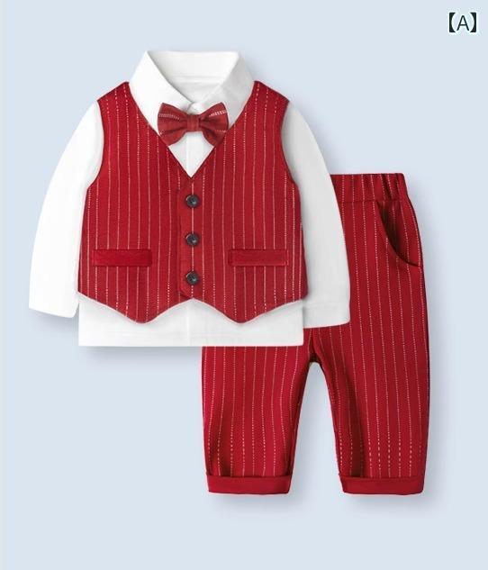 男の子 スーツ ベビー 子供 春秋 セットアップ 綿 ベスト 長袖 シャツ パンツ 前開き ウエストゴム ポケット 吸湿 通気 ソフト パーティー 七五三 入園式 英国風 おしゃれ ストライプ 赤 紺｜フロントップ店