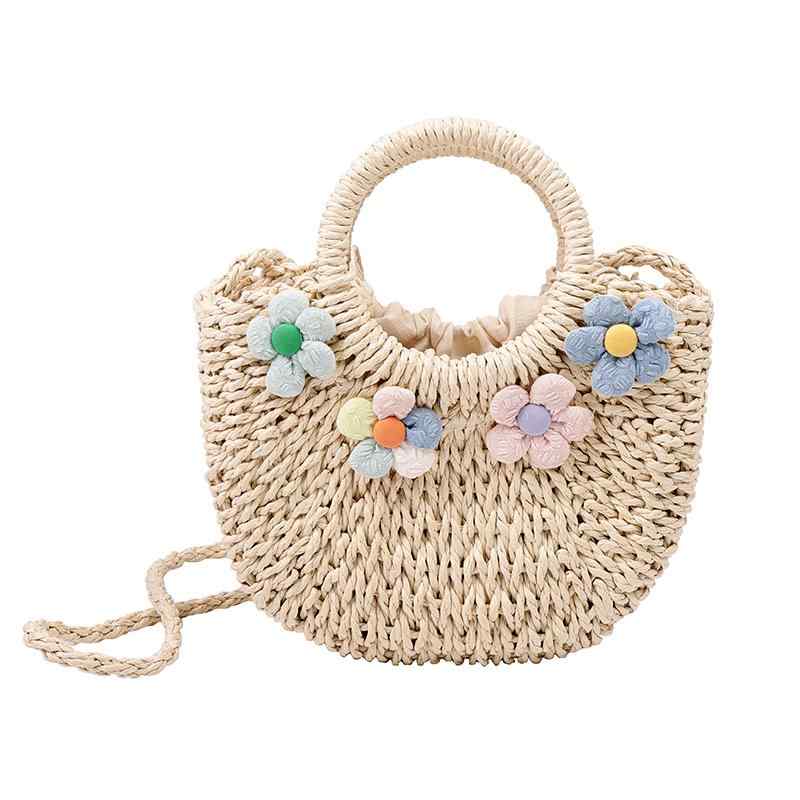 レディース バッグ 夏 ストロー 編み ショルダー 斜め掛け 手提げげ 小さめ 柔らかい 花柄 装飾 おしゃれ ビーチ 旅行 普段使い ベージュ カーキ