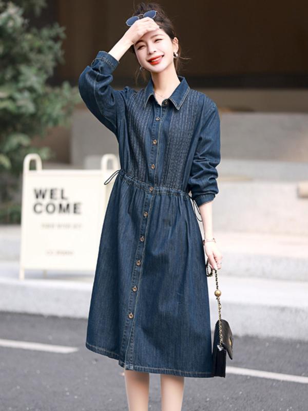 ワンピース カジュアル デニム シャツ ミモレ丈 春秋 長袖 大きいサイズ Aライン ボタン 襟 ドローストリング スリムフィット 通気性 青|フロントップ店