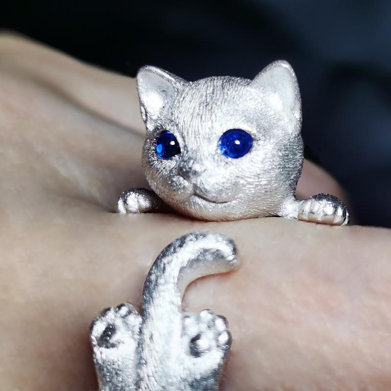 フリーサイズ 指輪 かわいい 猫 レディース アクセサリー シルバー925 目 象嵌 黒曜石 オープンリング アニマル リアル プレゼント 誕生日 記念日