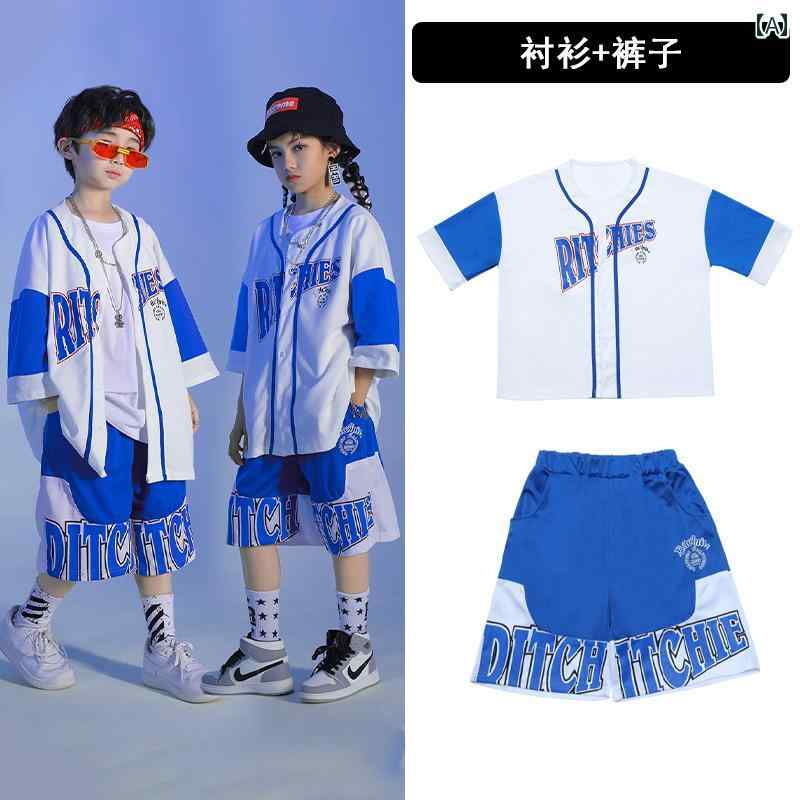 ダンス衣装 セットアップ 子供 キッズ 女の子 男の子 半袖 短パン ヒップホップ パフォーマンス ストリート 練習服 おしゃれ ユニフォーム風 赤 青