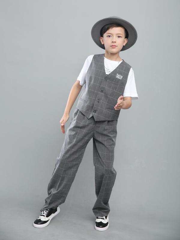 ダンス衣装 セットアップ 子供 キッズ 男の子 長ズボン パンツ ヒップホップ パフォーマンス ストリート おしゃれ ベスト チェック柄 グレー