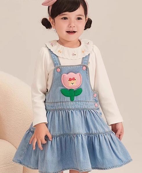 キッズ ジャンパースカート デニム 子供服 春秋 女の子 ワンピース フリル Aライン シンプル かわいい カジュアル 膝丈 クマ 花 チューリップ 青｜フロントップ店