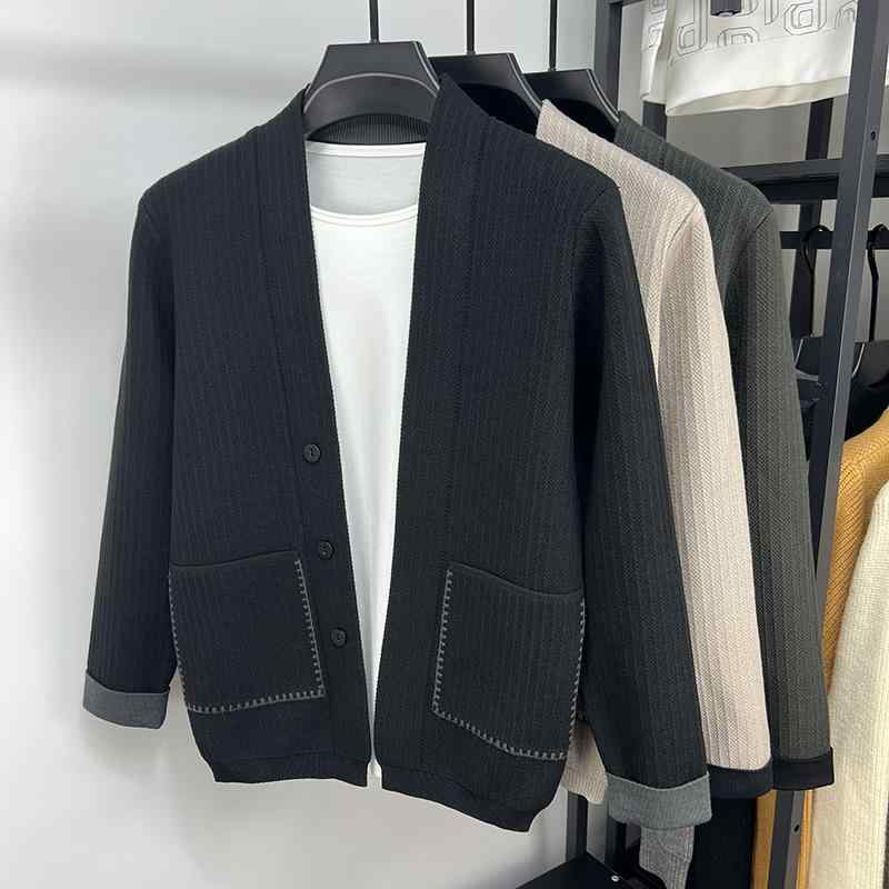 カーディガン メンズ 薄手 ニット 羽織り 長袖 Vネック 前開き ボタン 春秋 ポケット ジャケット おしゃれ カジュアル ベージュ 緑 黒