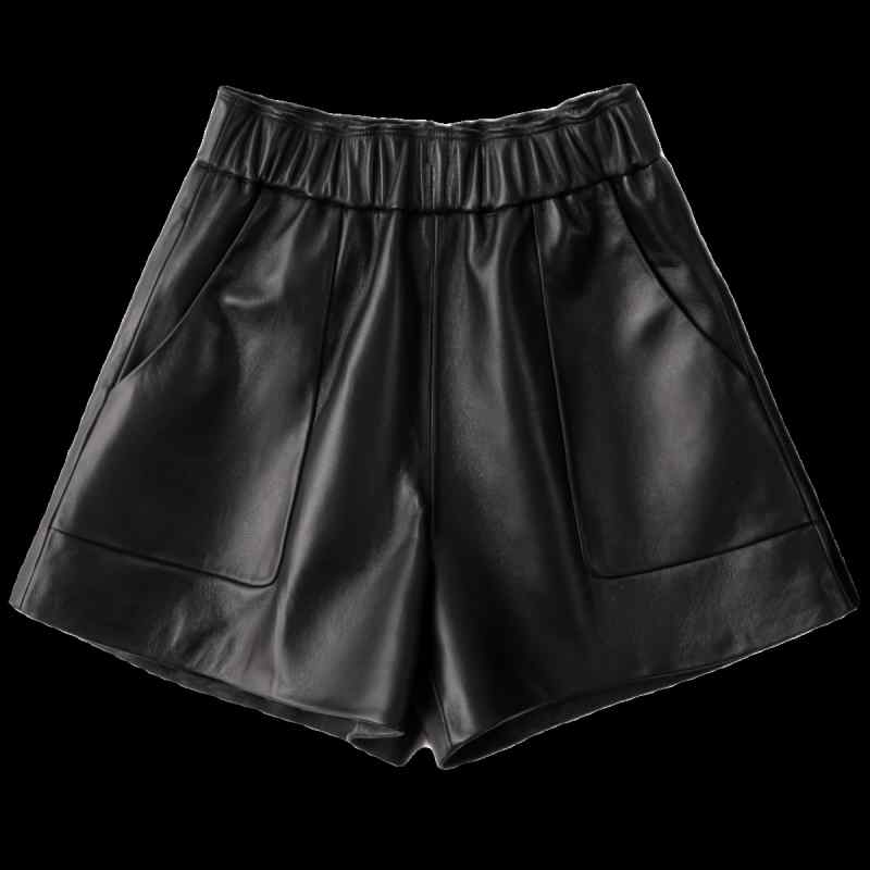 レディース レザー ショートパンツ 秋冬 革 ワイド ハイウエスト スリム シープスキン カジュアル シンプル ポケット 大きいサイズ 黒 おしゃれ 普段使い ゆったり