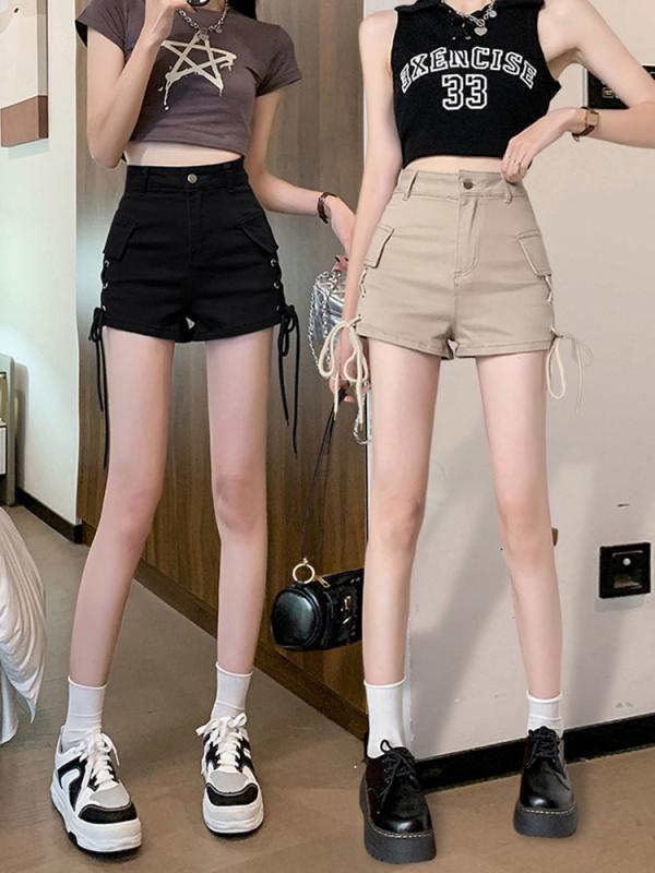 ショートパンツ レディース 春夏 大人 短パン カジュアル お出かけ ビーチ おしゃれ デニム ハイウエスト サイドストラップ 大きいサイズ カーキ グレー 黒