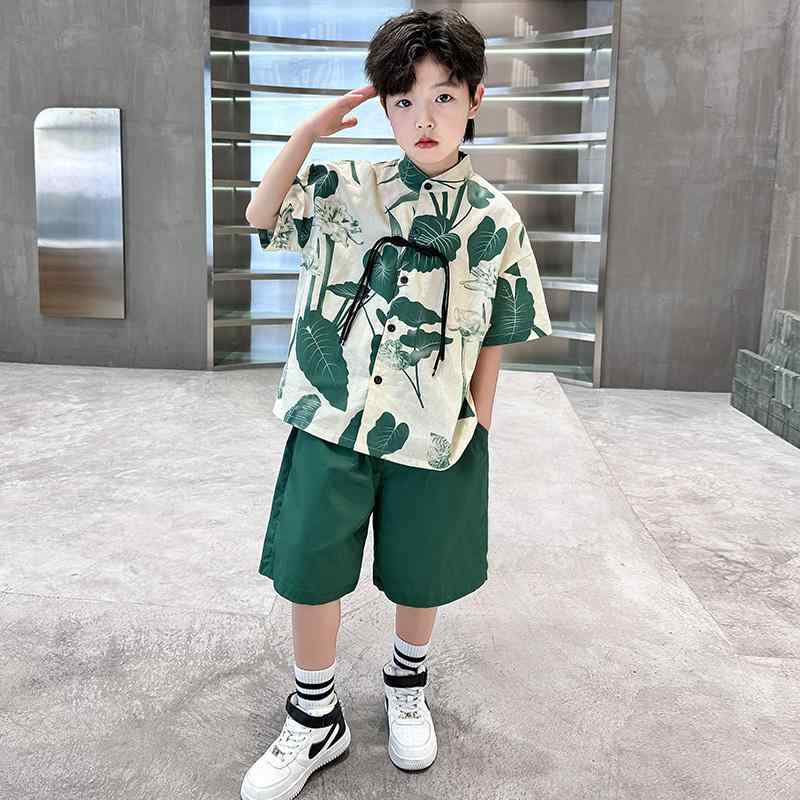 セットアップ 男の子 夏 半袖シャツ 緑 リーフ柄 半ズボン 子供服 おしゃれ カジュアル 涼しい
