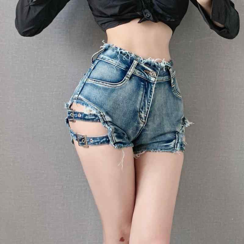ショートパンツ デニム レディース 春夏 カットアウト ベルト 切りっぱなし ユーズド加工 ハイウエスト タイト ストレッチ セクシー アメリカン レトロ カジュアル 青 ダンス ギャル