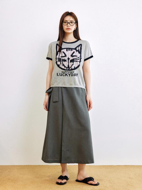 Tシャツ レディース おしゃれ 猫柄 配色 小猫 刺繍風 ラウンドネック 半袖 薄手 カジュアル 春夏｜フロントップ店