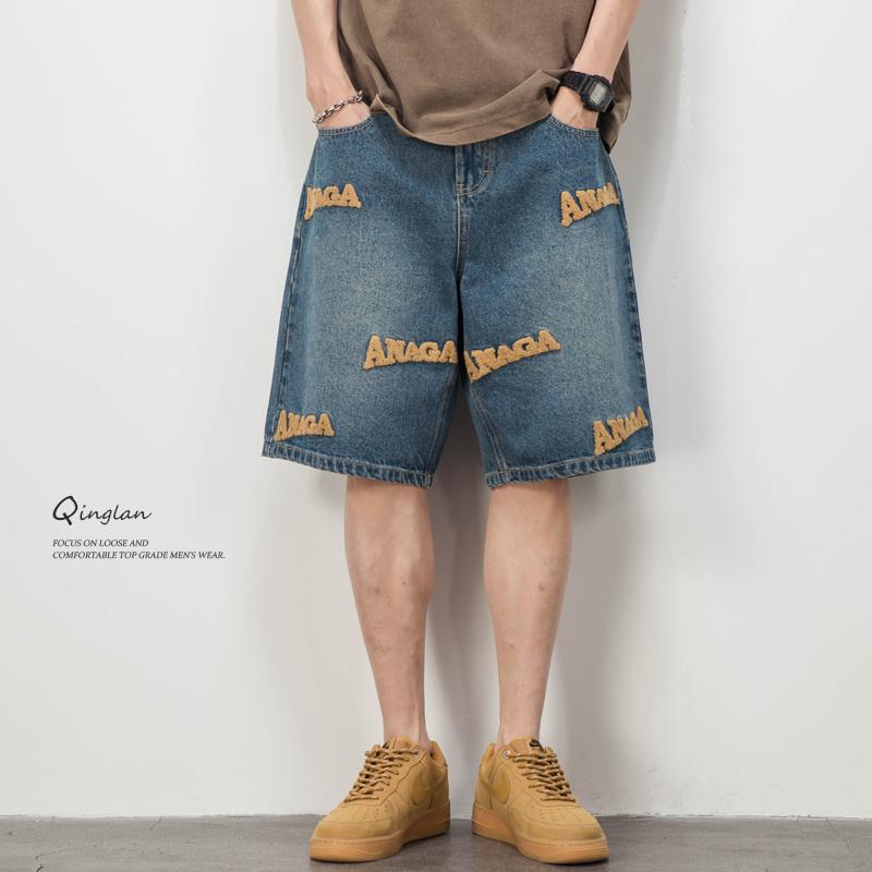 メンズ ハーフパンツ デニム 夏 薄手 ゆったり 大きいサイズ 履きやすい ストレート ジッパー ポケット カジュアル 英文字刺繍 青 おしゃれ