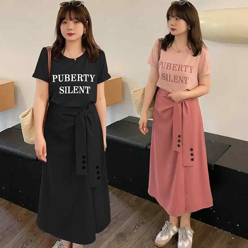 上下セット レディース 大きいサイズ カジュアル ぽっちゃり 夏 体型カバー ゆったり 黒 グレー ラウンドネック 半袖 Tシャツ スカート アシンメトリー 普段使い｜フロントップ店