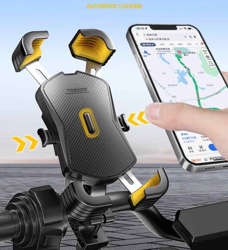 スマホホルダー 自転車 オートバイ マウンテンバイク 携帯電話 スタンド クリップ 耐衝撃性 安定 使いやすい 滑り止め 360度回転 角度調節可能 便利 通勤 旅行 ツーリング シンプル 黒 黄色