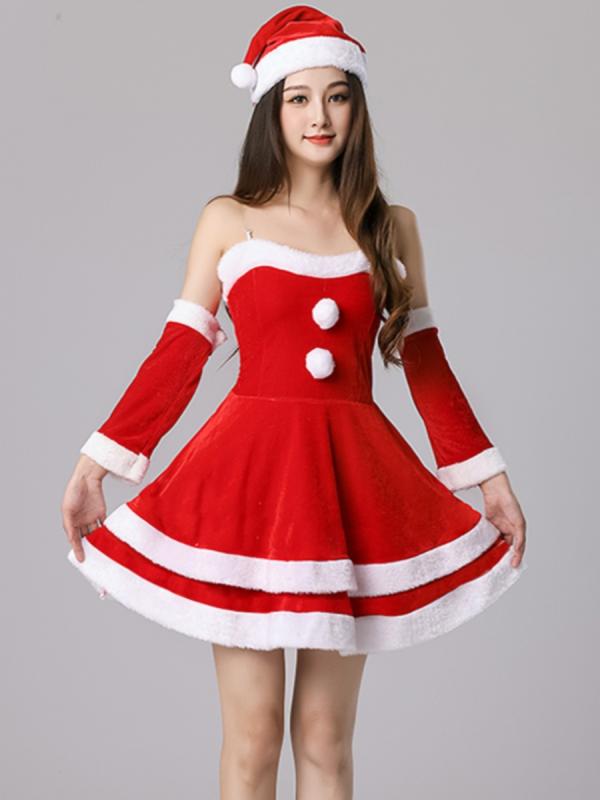クリスマス コスプレ 大人 女子 サンタクロース コスチューム セクシー 衣装 ポリエステル レディース チューブトップ 半袖 チャイナ 風ドレス ミニ スカート フレア 帽子 フード 付 ケープ パーティー イベント フリー M XL サイズ