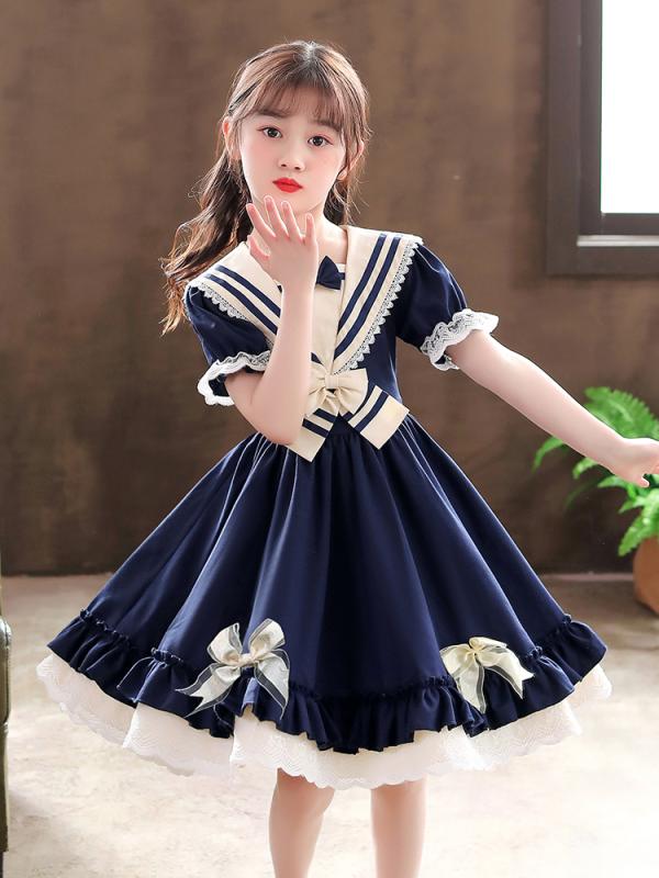 ロリータ ワンピース 子供 女の子 キッズ スカート 春夏秋 長袖 おしゃれ プリンセス ドレス ブルー レッド ポリエステル フリル Aライン リボン