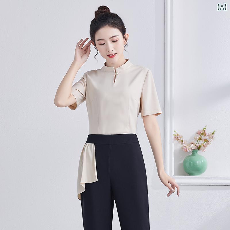 エステ ユニフォーム パンツ スタンドカラ― 美容師 作業服 女性 夏 セットアップ ヘルスクラブ サロン クリニック スパ 半袖 長袖 技術者 大きいサイズ アプリコット ピンク 緑