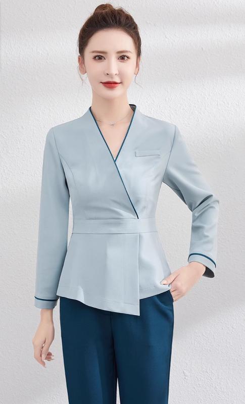 エステ ユニフォーム パンツ Vネック 技術者 作業服 女性 秋 長袖 ヘルスセンター 美容院 サロン ホテル スパ スタッフ 大きいサイズ セットアップ 白 緑｜フロントップ店