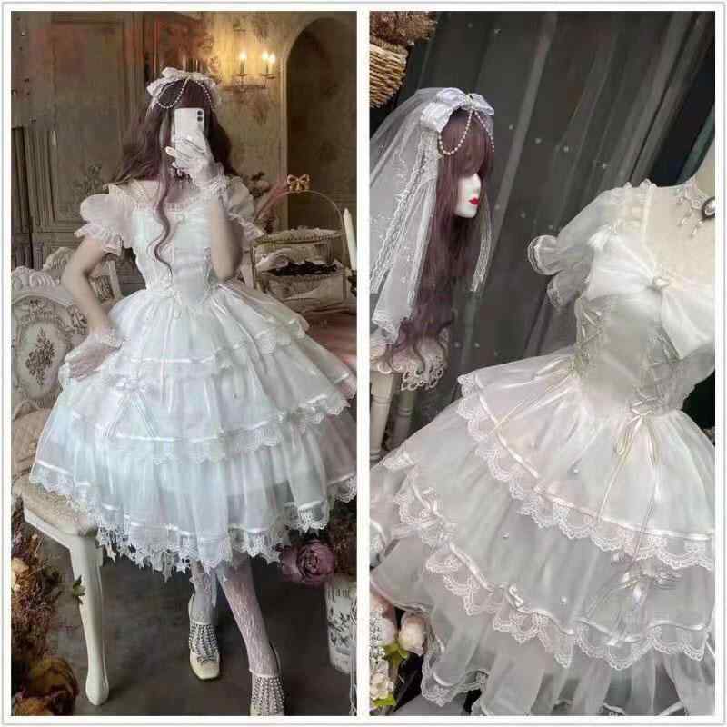 ウェディングドレス コスプレ ロリィタ ロリータ 衣装 プリンセス 白 リボン レース フリル ボリューム 袖あり ハロウィン 花嫁 コスチューム