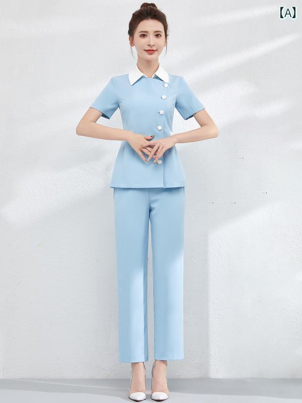 エステ ユニフォーム 半袖 春夏 制服 サロン 技術者 作業服 レディース 白 青 ピンク 無地 ボタン 襟付き 速乾 ストレッチ パンツ 上下セット 大きいサイズ おしゃれ