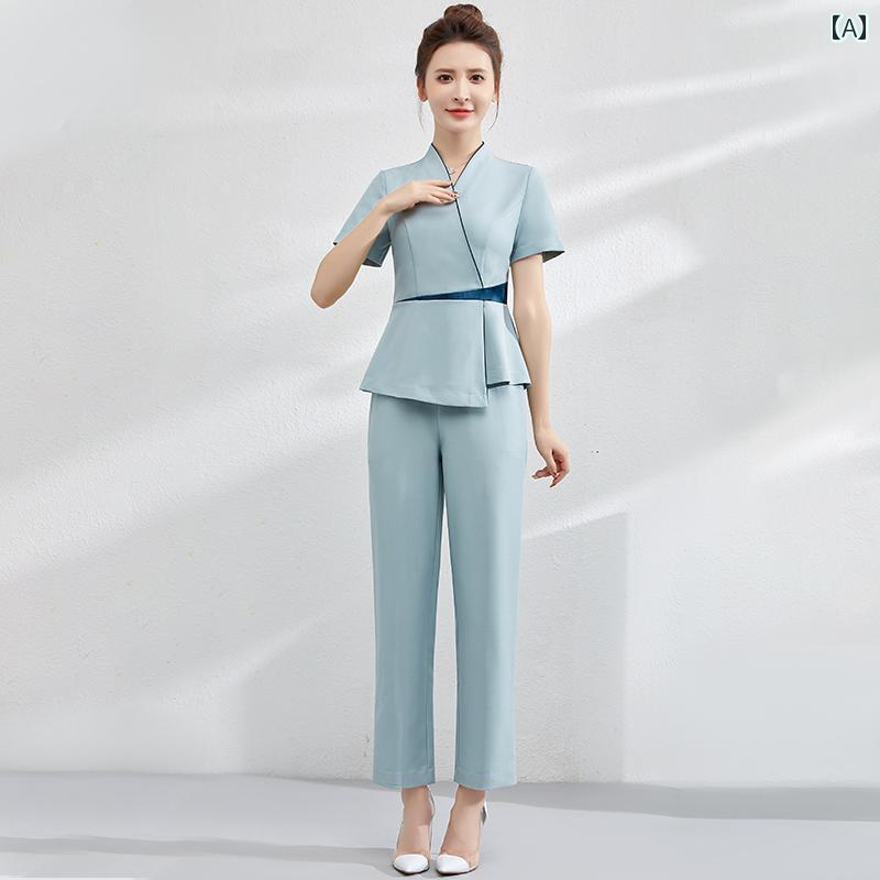エステ ユニフォーム 五分 半袖 春夏 制服 サロン 技術者 作業服 レディース 白 青 緑 無地 カシュクール ウエストマーク 速乾 ストレッチ パンツ 上下セット 大きいサイズ おしゃれ