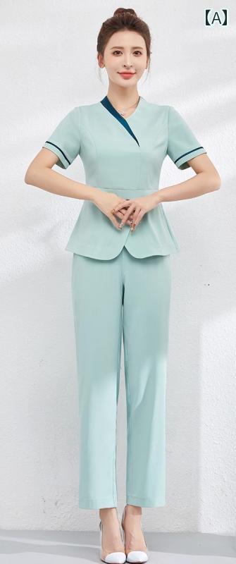 エステ ユニフォーム 五分 半袖 春夏 制服 サロン 技術者 作業服 レディース 白 緑 青 無地 Vネック 速乾 ストレッチ パンツ 上下セット 大きいサイズ おしゃれ