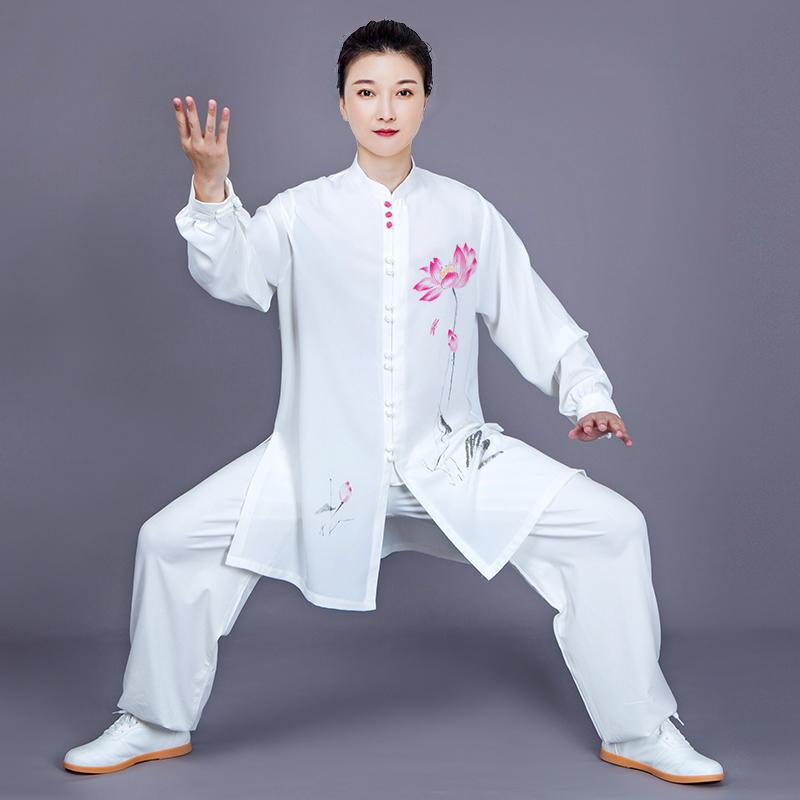 太極拳 服 レディース メンズ 春秋 長袖 半袖 上下セット ミドル丈 練習 パフォーマンス カンフー 武術 通気性 柔らかい 快適 ポケット付 カジュアル 大きいサイズ 蓮の花 白