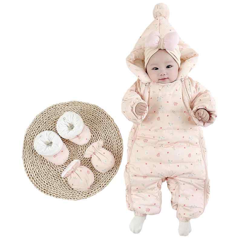 新生児 カバーオール 防寒 あかちゃん ダウン 冬 アウター 厚手 暖かい 外出 ボディスーツ .ピンク 花柄 手袋 フット セット フード付き ポリエステル 長袖｜フロントップ店