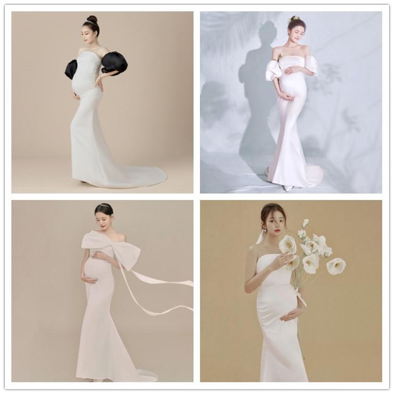 マタニティ フォト ドレス 妊婦 写真 服 美しい 妊娠 スタジオ ママ アート 綺麗 セクシー 豪華 フリーサイズ チューブトップ 袖 ロング トレーン リボン マーメイド セット ホワイト ブラック