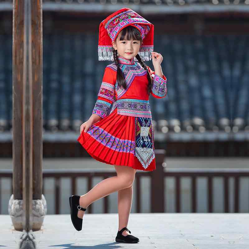 中国 民族衣装 春秋 ミャオ族 子供 女の子 男の子 七分 五分袖 トップス スカート 膝上丈 パンツ エスニック ステージコスチューム ダンス パフォーマンス 刺繍 おしゃれ レトロ 花 赤 ピンク 青
