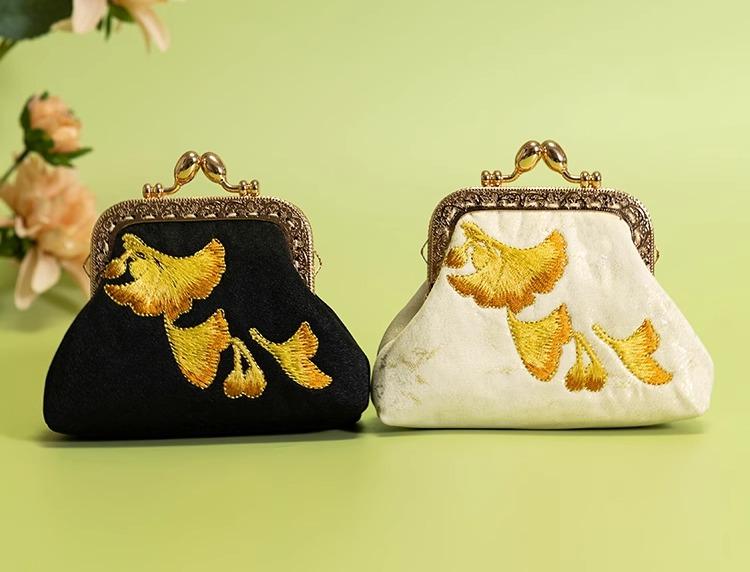 小銭入れ レディース がま口 財布 刺繍 チャイナ風 ハンドバッグ レトロ かわいい 鍵 カード 口紅 リップ イヤホン 小物 収納 持ち運び ポータブル 金具 布 イチョウ 葉 アイボリー 黒