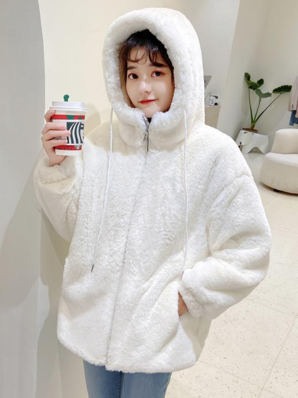 ボアジャケット レディース 韓国 秋冬 フェイクラビット 厚手 暖かい もこもこ 防寒 長袖 フード ジップアップ ポケット ゆったり おしゃれ ピンク アプリコット 白 6,008円
