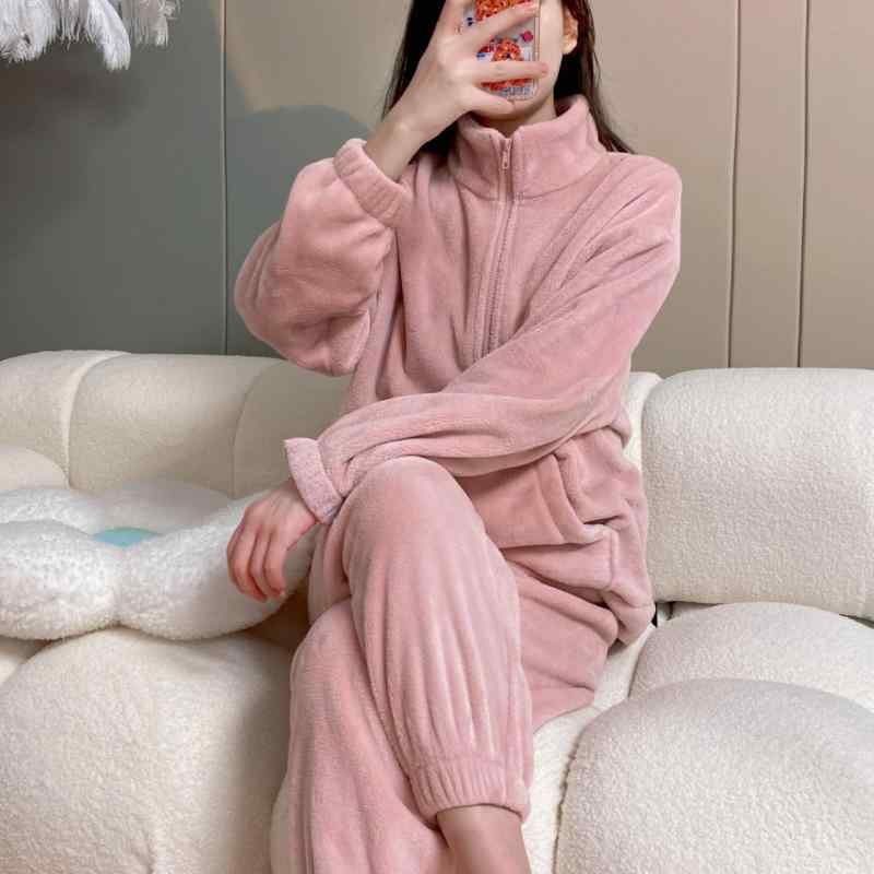 パジャマ レディース かわいい 秋冬 起毛 モコモコ あったか 厚手 長袖 前開き ジッパー ルームウェア セット ピンク 白 グレー