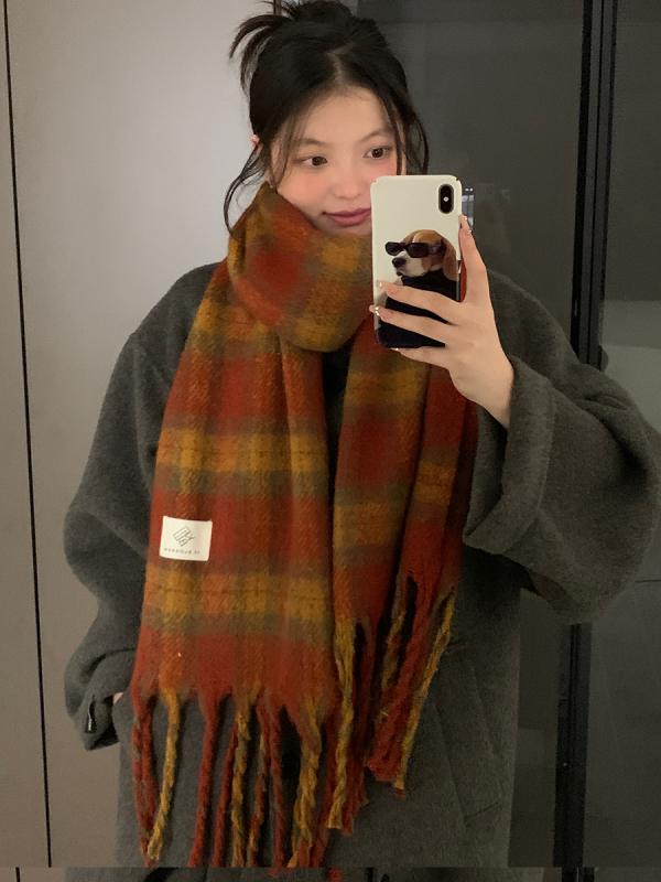 マフラー レディース ストール 厚手 ショール 暖かい 秋冬 防寒 ボリューム プレゼント 大判 チェック柄 韓国 ファッション フリンジ 赤
